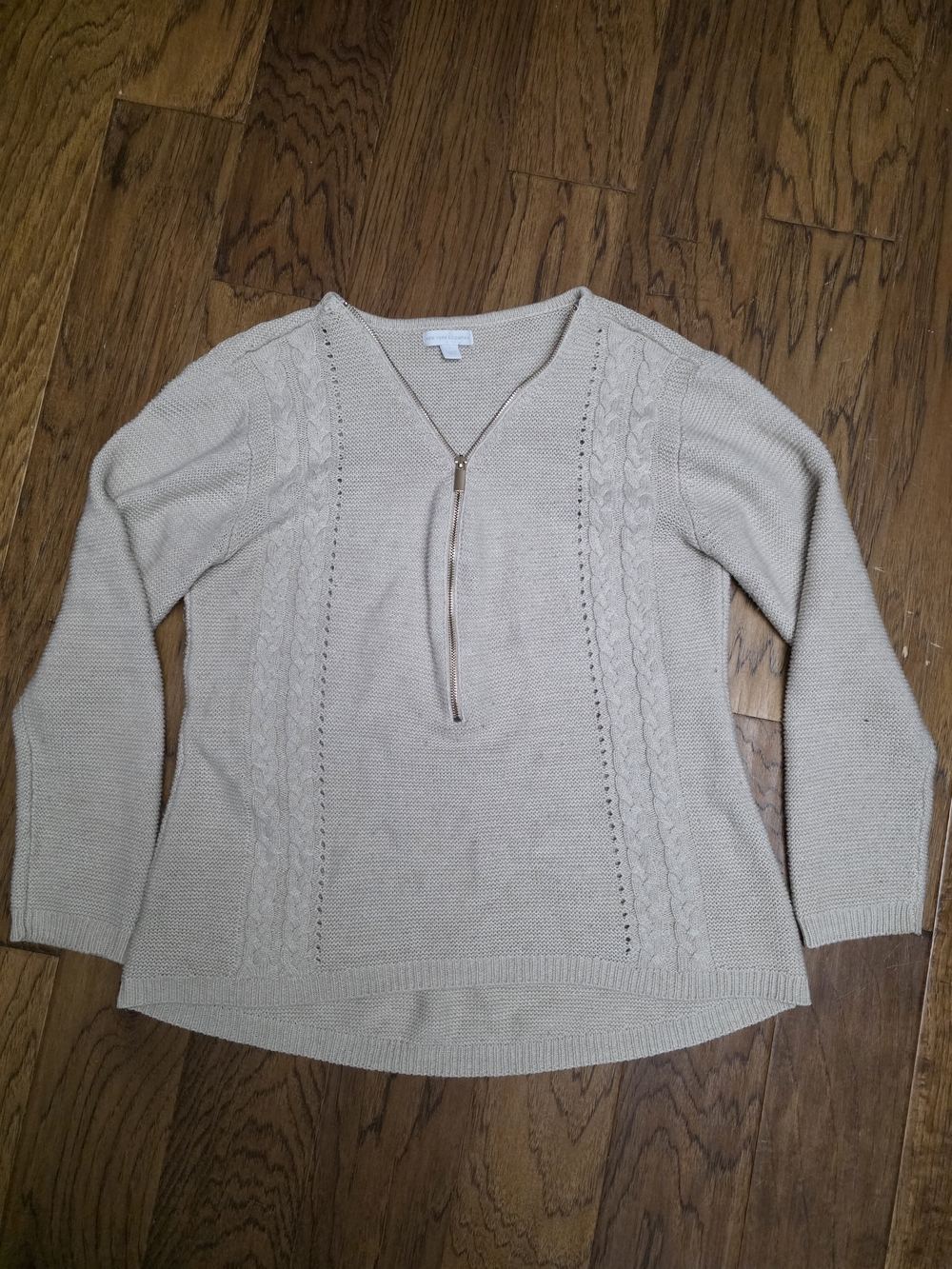 New York & Company Beige Zip-Front V-Neck Cable Knit Sweater
